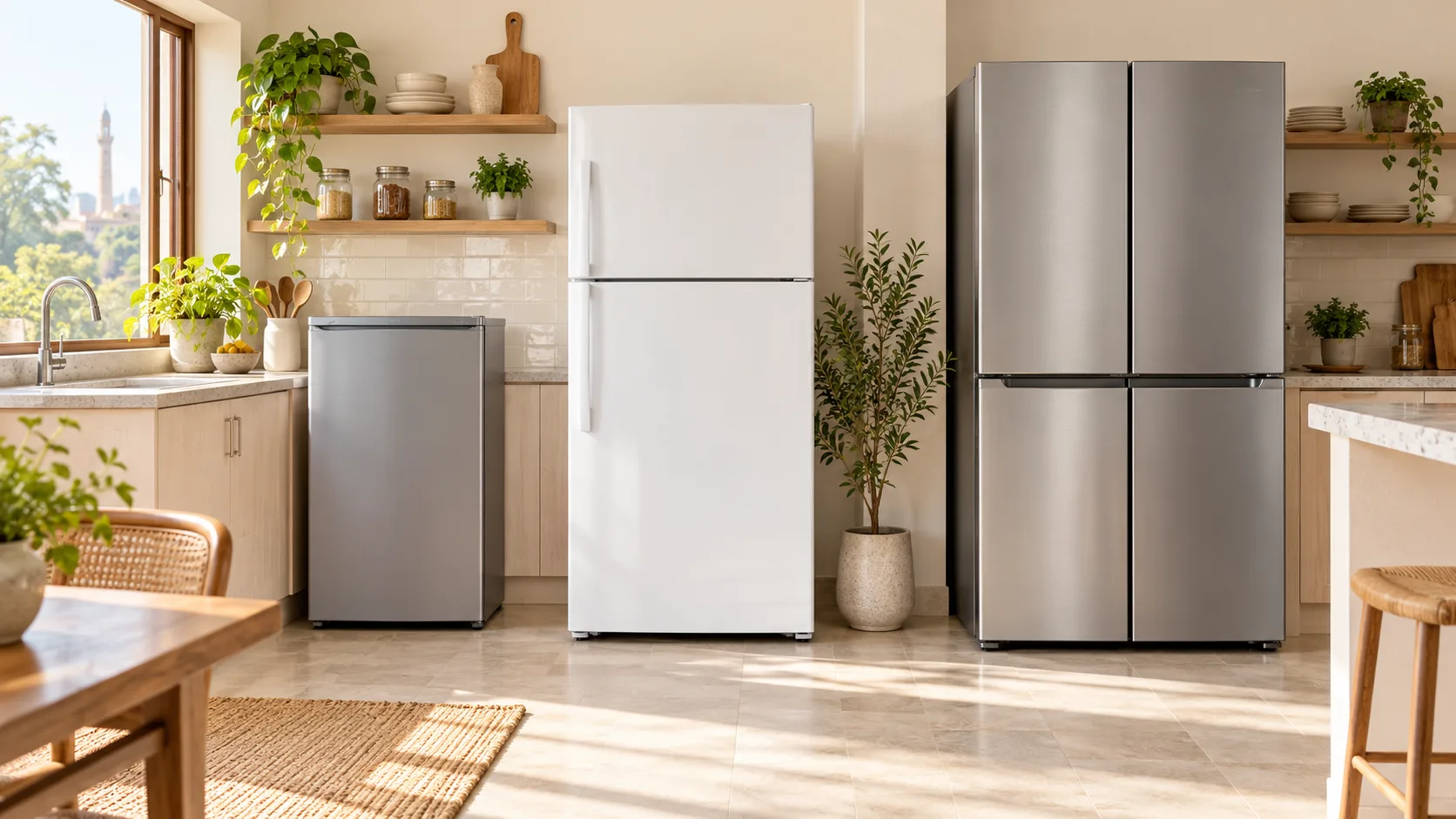 Compact, top-freezer and four-door refrigerators in a bright modern kitchen