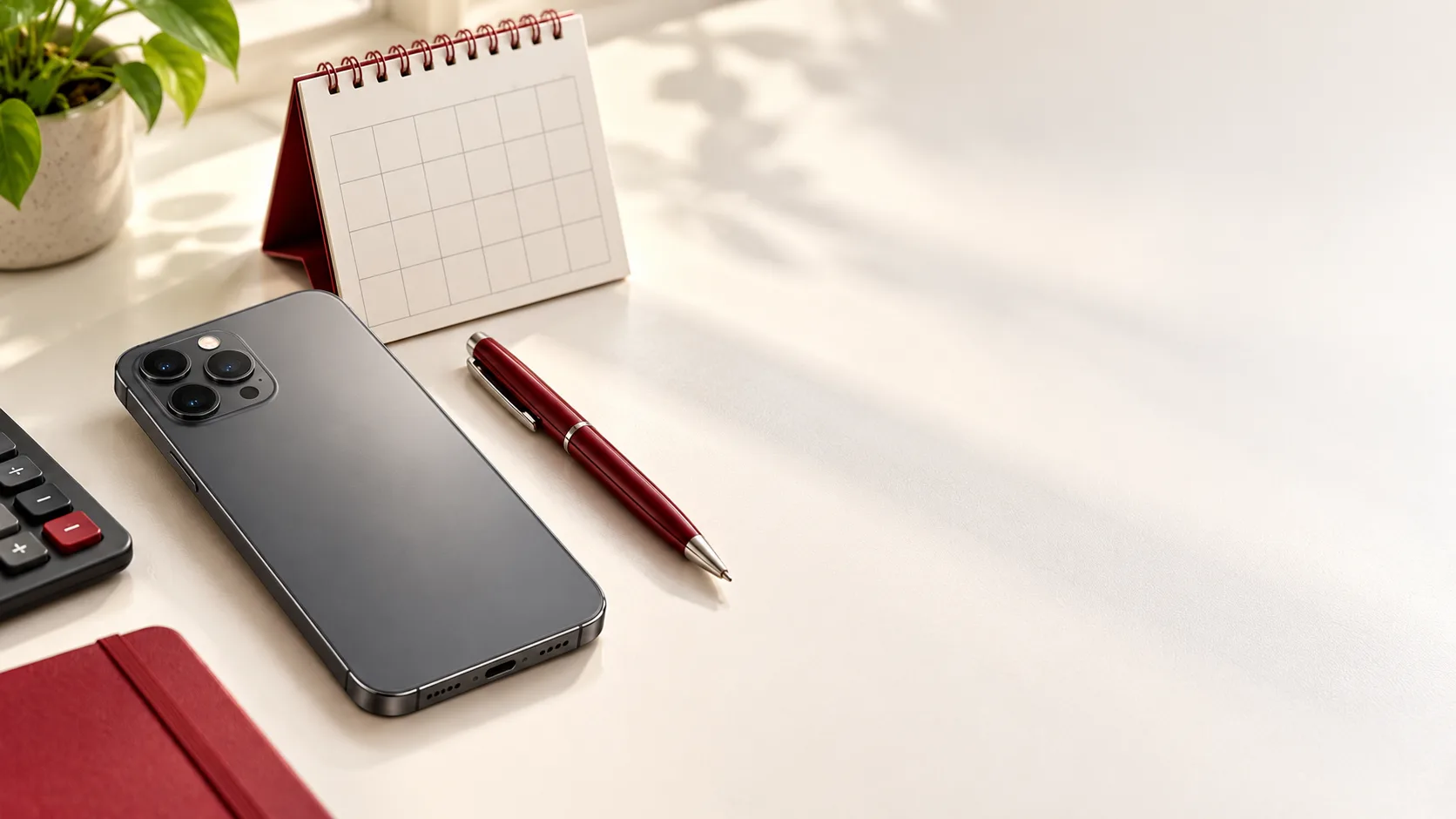 Unbranded smartphone beside a blank payment calendar and pen on a light desk