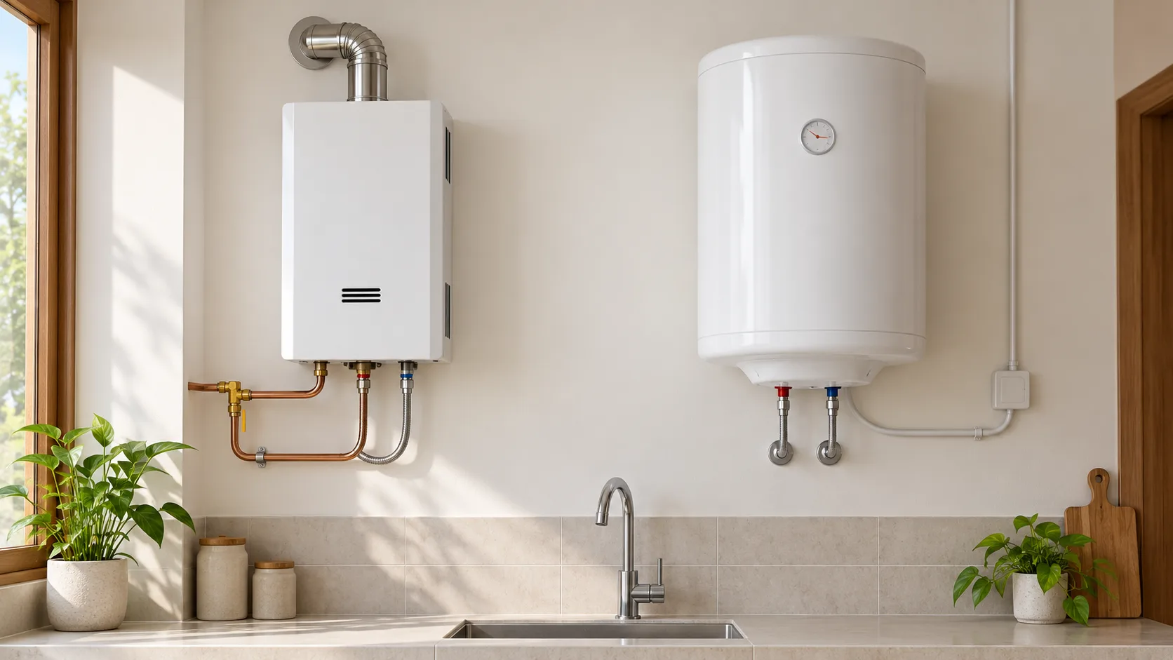 Unbranded instant gas water heater and electric storage geyser mounted side by side in a bright home