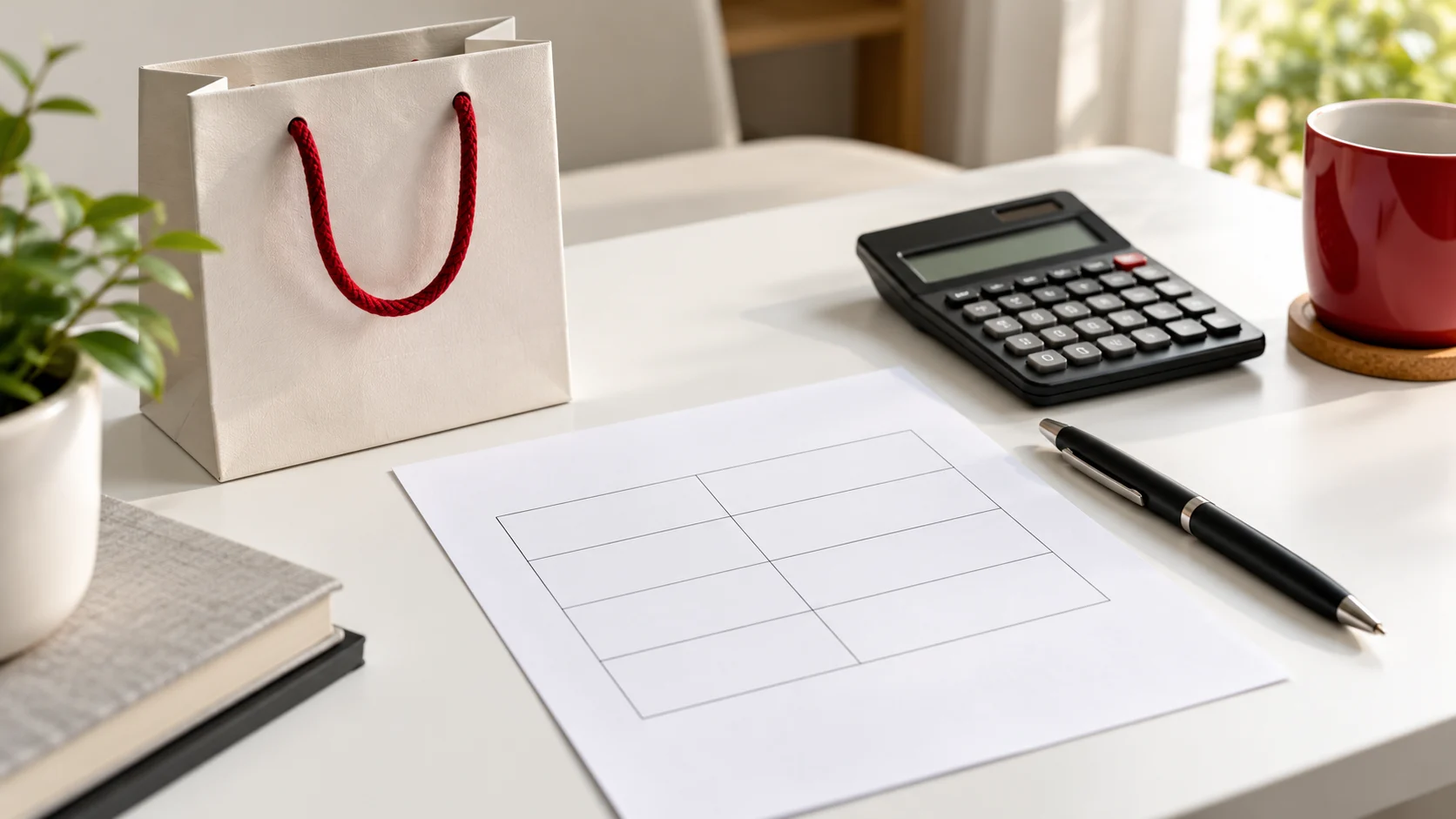Shopping bag, payment schedule and calculator on a desk